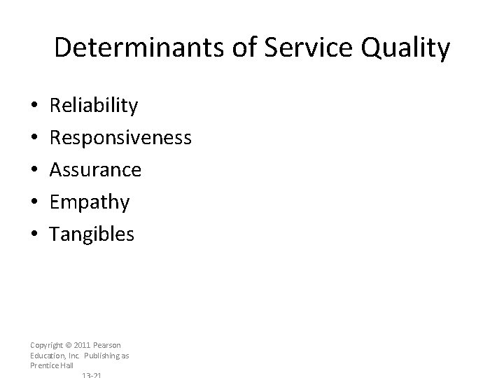 Determinants of Service Quality • • • Reliability Responsiveness Assurance Empathy Tangibles Copyright ©