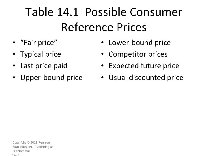 Table 14. 1 Possible Consumer Reference Prices • • “Fair price” Typical price Last
