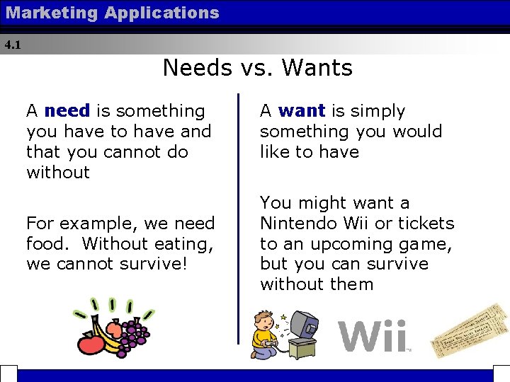 Marketing Applications 4. 1 Needs vs. Wants A need is something you have to