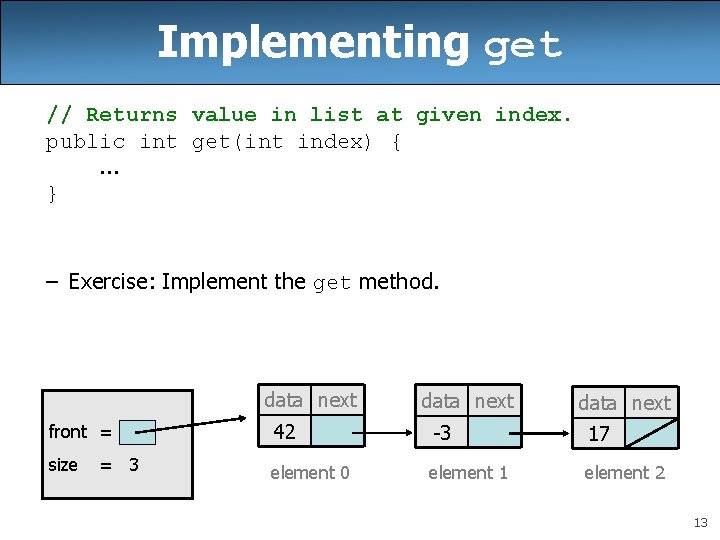 Implementing get // Returns value in list at given index. public int get(int index) Implementing get // Returns value in list at given index. public int get(int index)