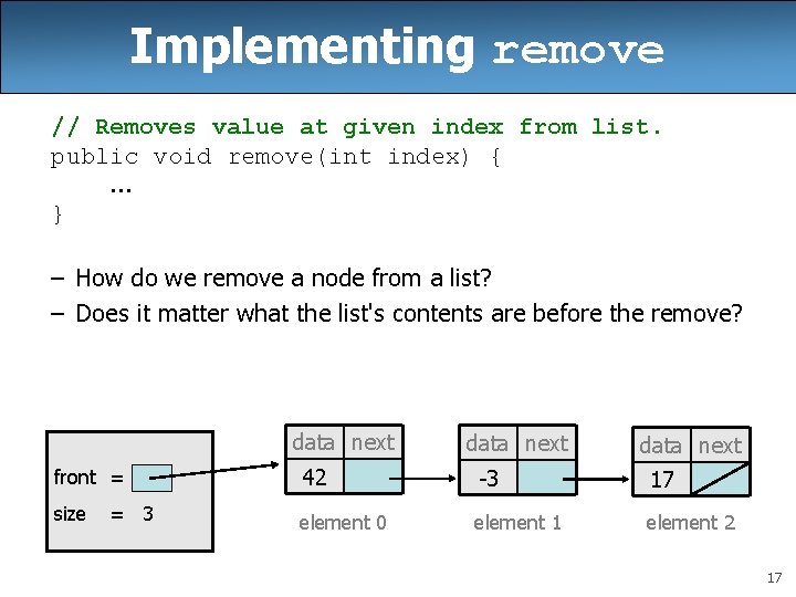Implementing remove // Removes value at given index from list. public void remove(int index) Implementing remove // Removes value at given index from list. public void remove(int index)
