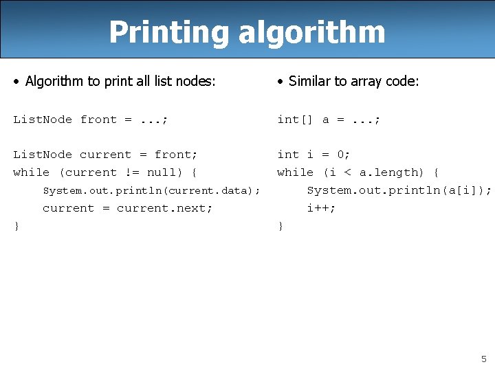 Printing algorithm • Algorithm to print all list nodes: • Similar to array code: Printing algorithm • Algorithm to print all list nodes: • Similar to array code: