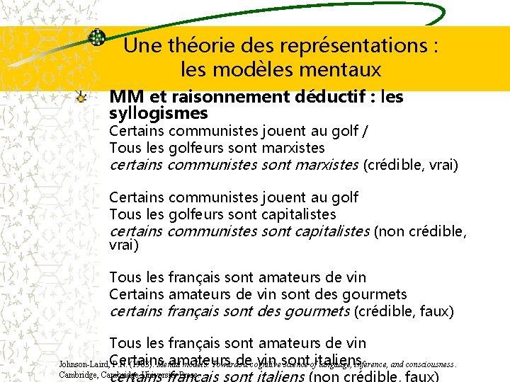 Une théorie des représentations : les modèles mentaux MM et raisonnement déductif : les