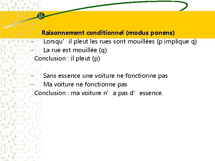 Raisonnement conditionnel (modus ponens) – Lorsqu’il pleut les rues sont mouillées (p implique q)