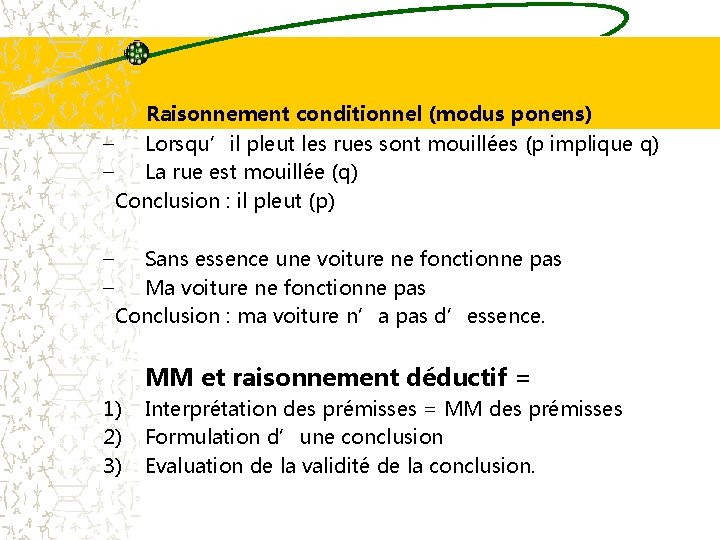  Raisonnement conditionnel (modus ponens) – – Lorsqu’il pleut les rues sont mouillées (p