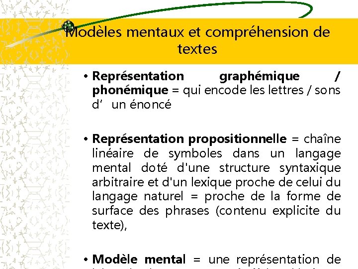Modèles mentaux et compréhension de textes • Représentation graphémique / phonémique = qui encode