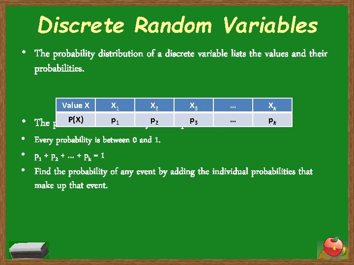 Discrete Random Variables • The probability distribution of a discrete variable lists the values