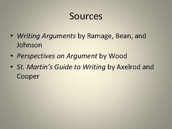Sources • Writing Arguments by Ramage, Bean, and Johnson • Perspectives on Argument by