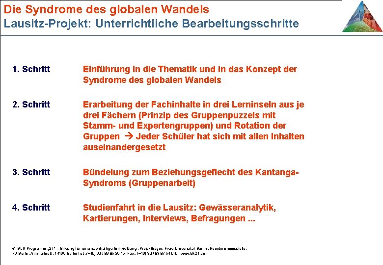 Die Syndrome des globalen Wandels Lausitz-Projekt: Unterrichtliche Bearbeitungsschritte 1. Schritt Einführung in die Thematik