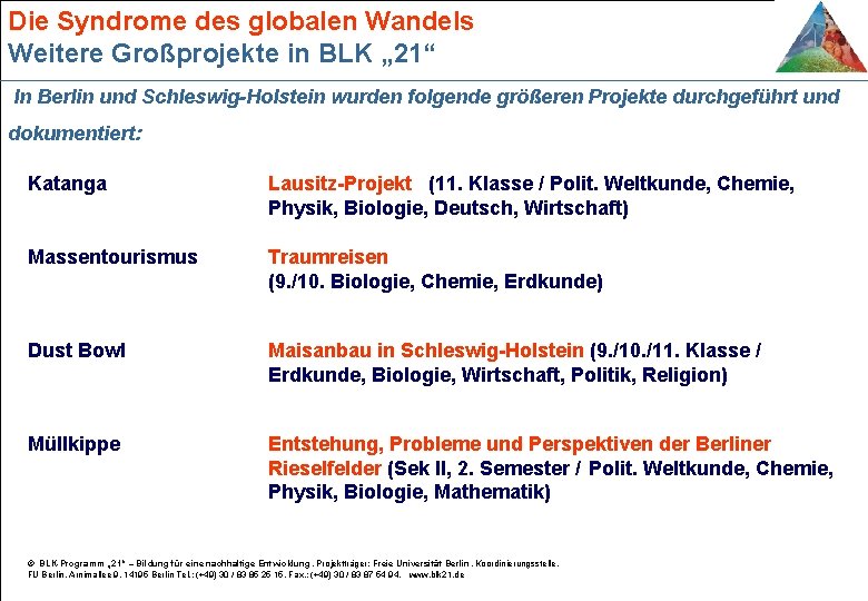 Die Syndrome des globalen Wandels Weitere Großprojekte in BLK „ 21“ In Berlin und