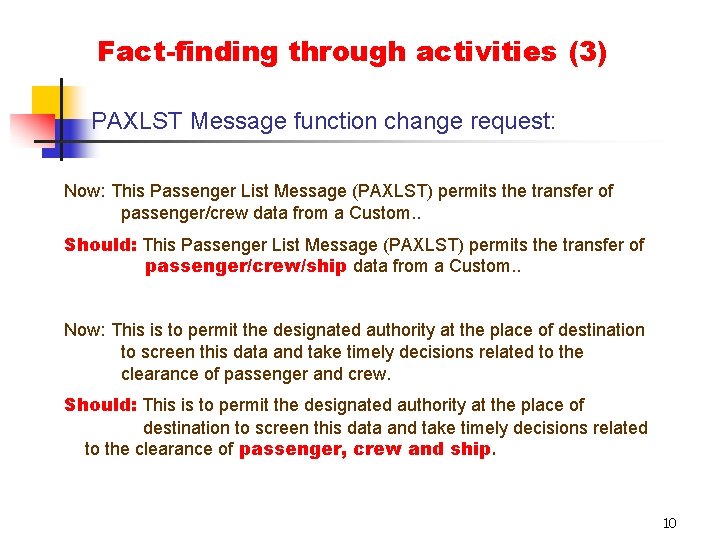 Fact-finding through activities (3) PAXLST Message function change request: Now: This Passenger List Message