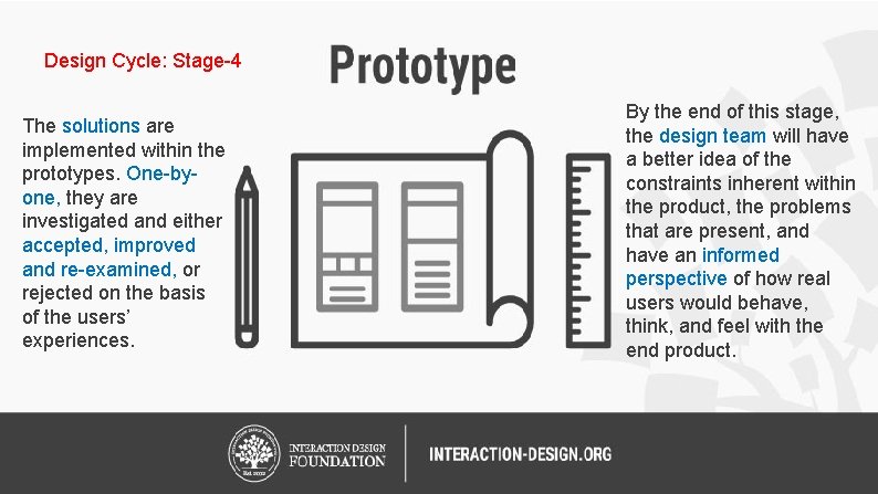 Design Cycle: Stage-4 The solutions are implemented within the prototypes. One-byone, they are investigated