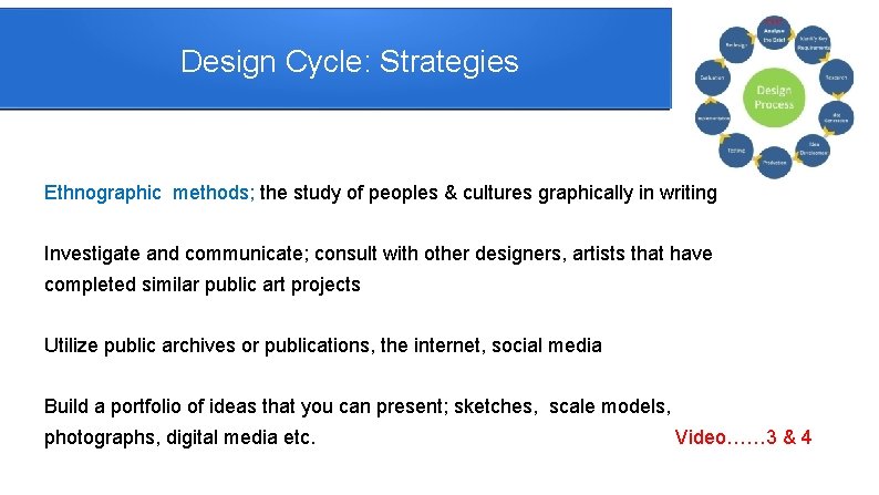 Design Cycle: Strategies Ethnographic methods; the study of peoples & cultures graphically in writing