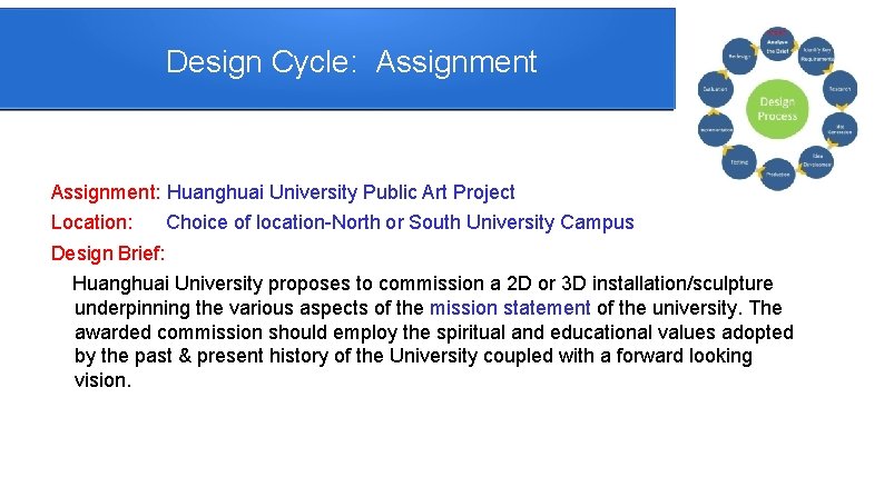 Design Cycle: Assignment: Huanghuai University Public Art Project Location: Choice of location-North or South