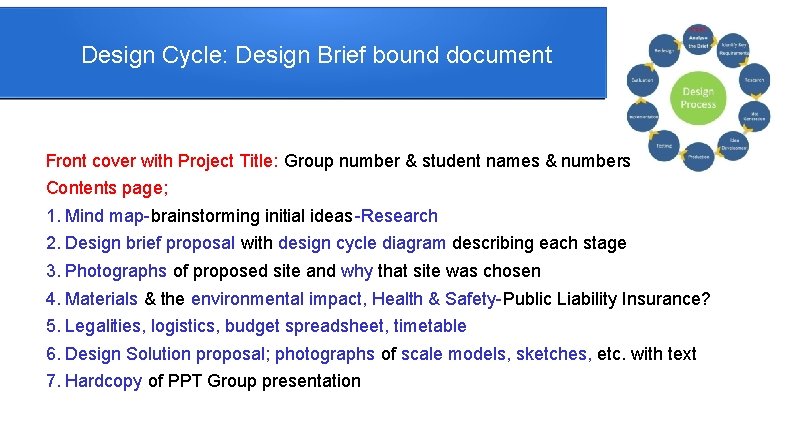 Design Cycle: Design Brief bound document Front cover with Project Title: Group number &