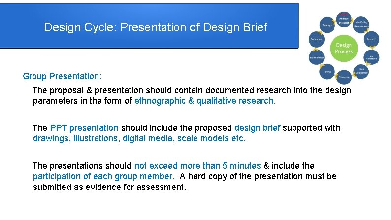 Design Cycle: Presentation of Design Brief Group Presentation: The proposal & presentation should contain