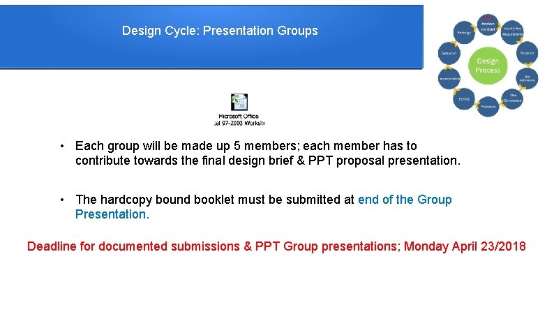 Design Cycle: Presentation Groups • Each group will be made up 5 members; each