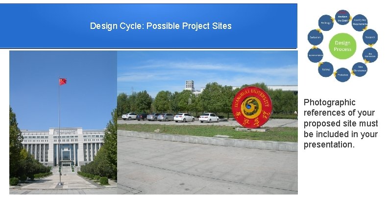 Design Cycle: Possible Project Sites Photographic references of your proposed site must be included