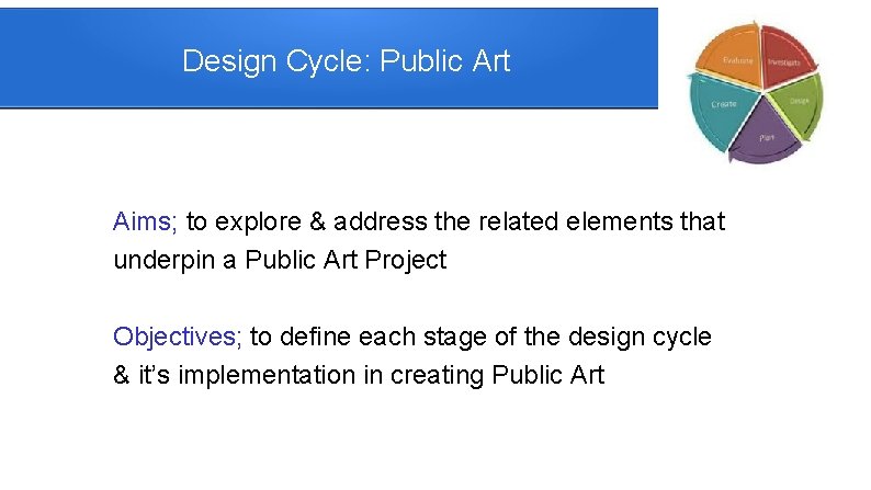 Design Cycle: Public Art Aims; to explore & address the related elements that underpin