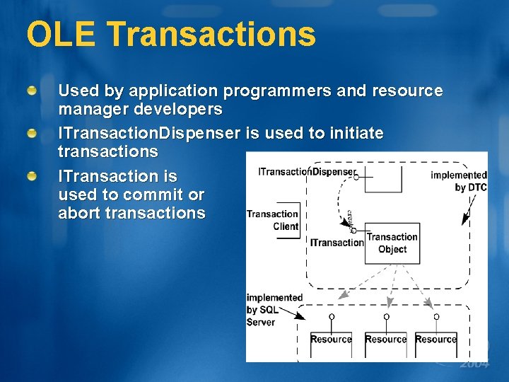 OLE Transactions Used by application programmers and resource manager developers ITransaction. Dispenser is used