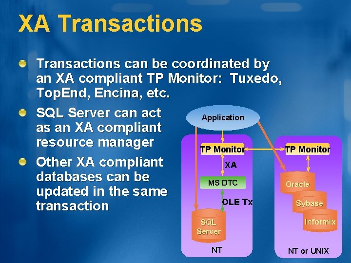 XA Transactions can be coordinated by an XA compliant TP Monitor: Tuxedo, Top. End,