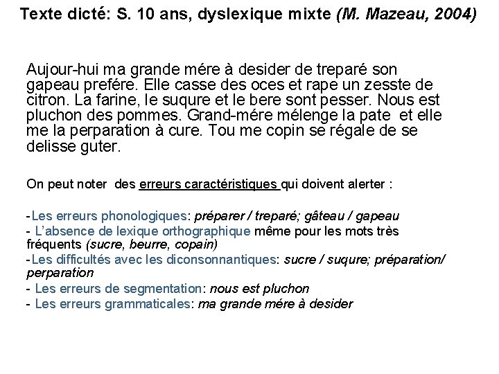 Texte dicté: S. 10 ans, dyslexique mixte (M. Mazeau, 2004) Aujour-hui ma grande mére