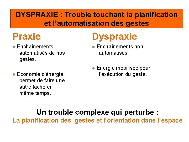 DYSPRAXIE : Trouble touchant la planification et l’automatisation des gestes Praxie Dyspraxie ● Enchaînements