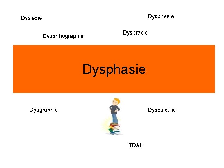 Dysphasie Dyslexie Dysorthographie Dyspraxie Dysphasie Dysgraphie Dyscalculie TDAH 