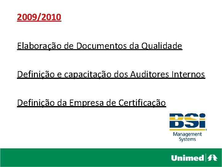 2009/2010 Elaboração de Documentos da Qualidade Definição e capacitação dos Auditores Internos Definição da