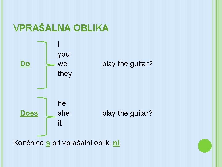 VPRAŠALNA OBLIKA Do Does I you we they he she it play the guitar?