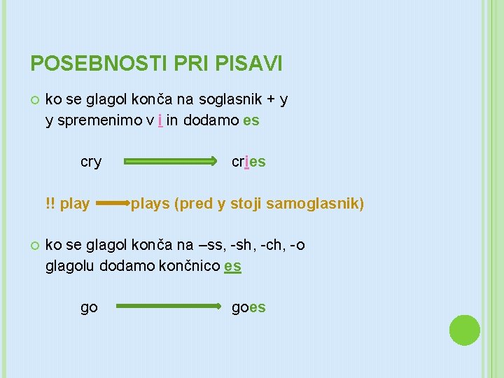 POSEBNOSTI PRI PISAVI ko se glagol konča na soglasnik + y y spremenimo v