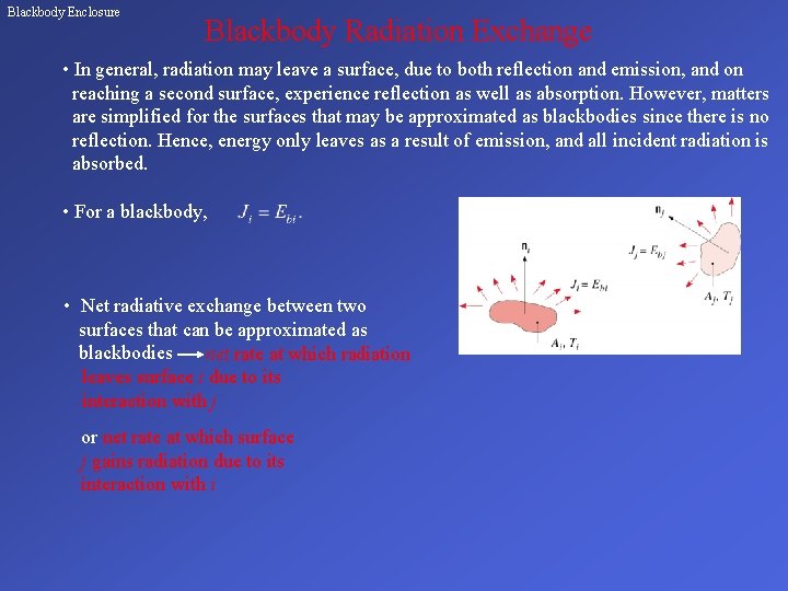 Blackbody Enclosure Blackbody Radiation Exchange • In general, radiation may leave a surface, due