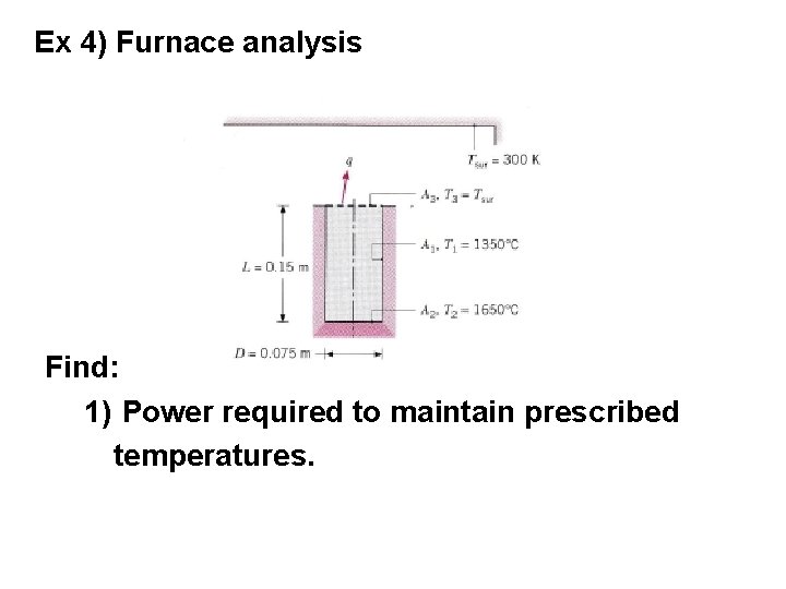Ex 4) Furnace analysis Find: 1) Power required to maintain prescribed temperatures. 