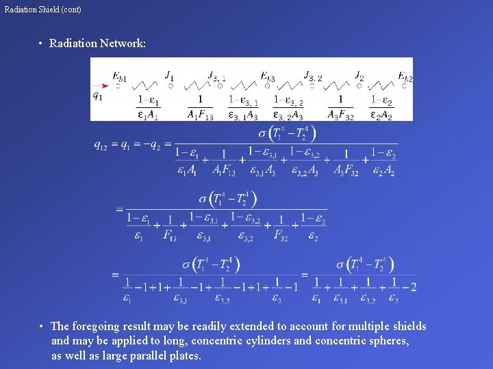 Radiation Shield (cont) • Radiation Network: • The foregoing result may be readily extended