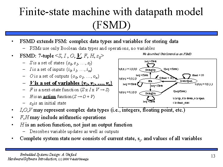 Finite-state machine with datapath model (FSMD) • FSMD extends FSM: complex data types and