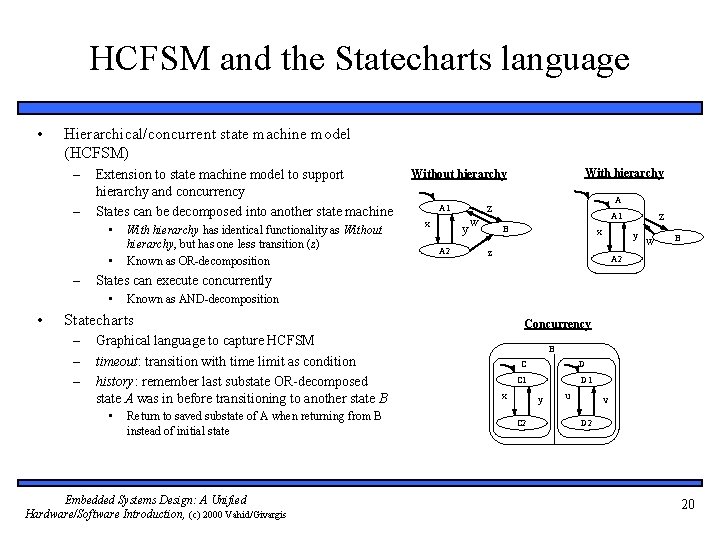 HCFSM and the Statecharts language • Hierarchical/concurrent state machine model (HCFSM) – – Extension