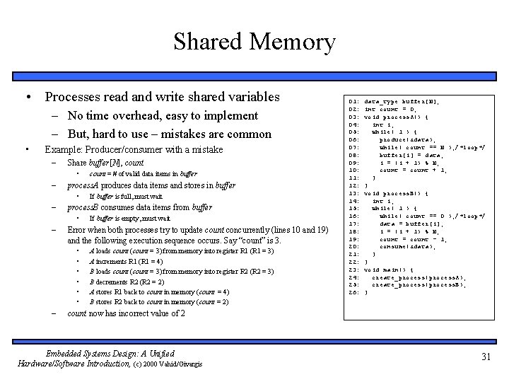 Shared Memory • Processes read and write shared variables – No time overhead, easy