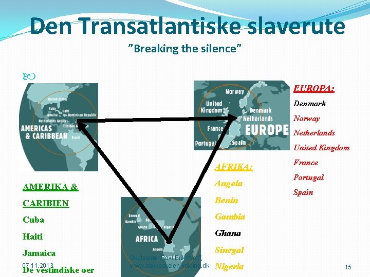 Den Transatlantiske slaverute ”Breaking the silence” EUROPA: Denmark Norway Netherlands United Kingdom AFRIKA: AMERIKA