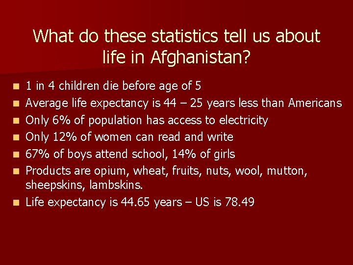 What do these statistics tell us about life in Afghanistan? n n n n