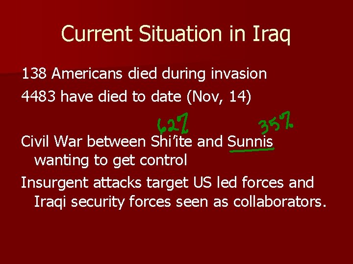 Current Situation in Iraq 138 Americans died during invasion 4483 have died to date