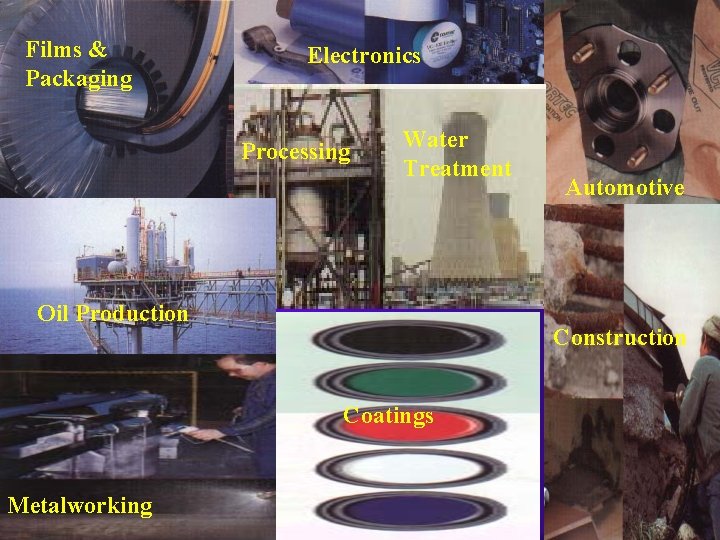 Films & Packaging Electronics Processing Water Treatment Oil Production Construction Coatings Metalworking Automotive 