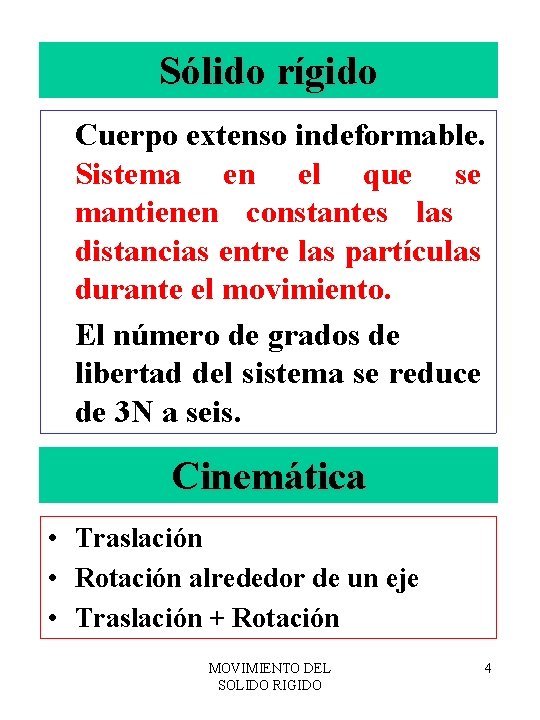 Sólido rígido Cuerpo extenso indeformable. Sistema en el que se mantienen constantes las distancias