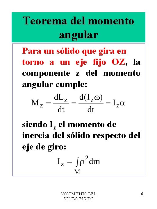 Teorema del momento angular Para un sólido que gira en torno a un eje