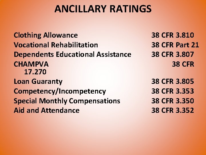 ANCILLARY RATINGS Clothing Allowance Vocational Rehabilitation Dependents Educational Assistance CHAMPVA 17. 270 Loan Guaranty