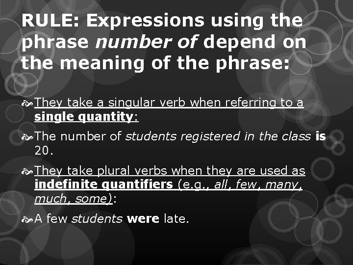 RULE: Expressions using the phrase number of depend on the meaning of the phrase: