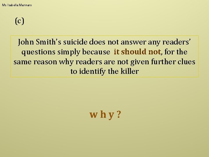 Ms Isabella Marinaro (c) John Smith’s suicide does not answer any readers’ questions simply