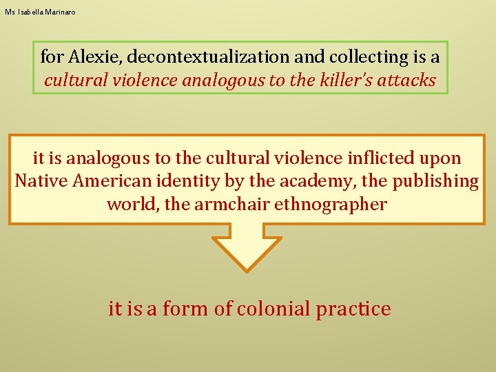 Ms Isabella Marinaro for Alexie, decontextualization and collecting is a cultural violence analogous to