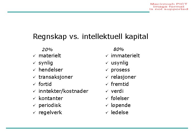 Regnskap vs. intellektuell kapital 80% 20% ü ü ü ü ü materielt synlig hendelser