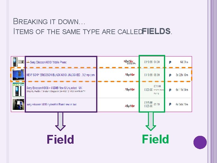 BREAKING IT DOWN… ITEMS OF THE SAME TYPE ARE CALLEDFIELDS. Field 