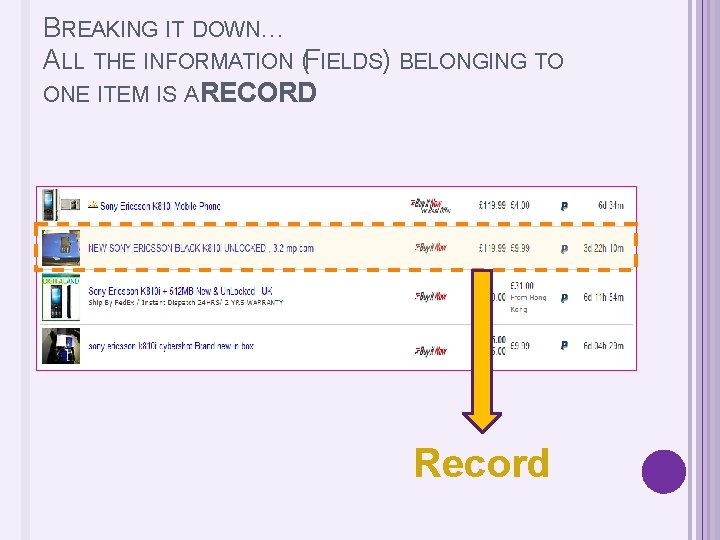BREAKING IT DOWN… ALL THE INFORMATION (FIELDS) BELONGING TO ONE ITEM IS A RECORD